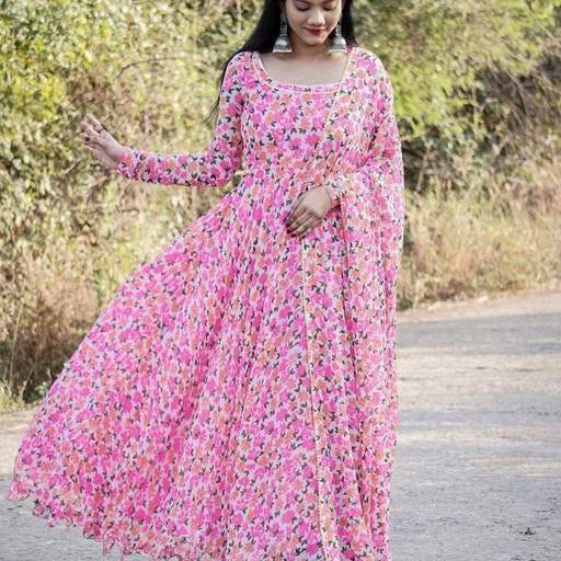 Women's Floral Print Georgette Anarkali Gown with Dupatta Set