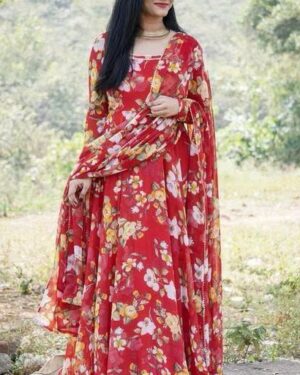 Women’s Bold Red Floral Print Georgette Anarkali Suit Set
